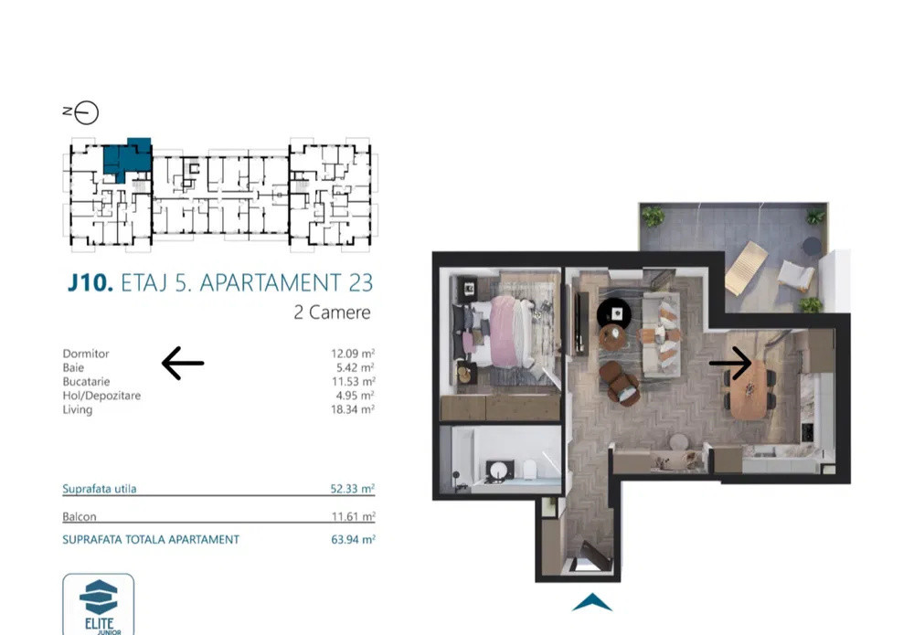 Apartament 2 camere I Etaj 5 I 53 mp I Zona Elite Junior
